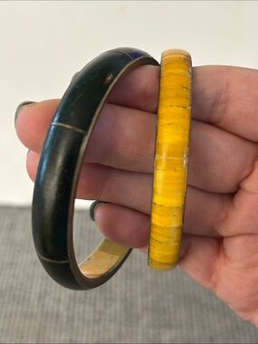 Set of Two Vintage Yellow and black Bangle Bracelets brass interiors
